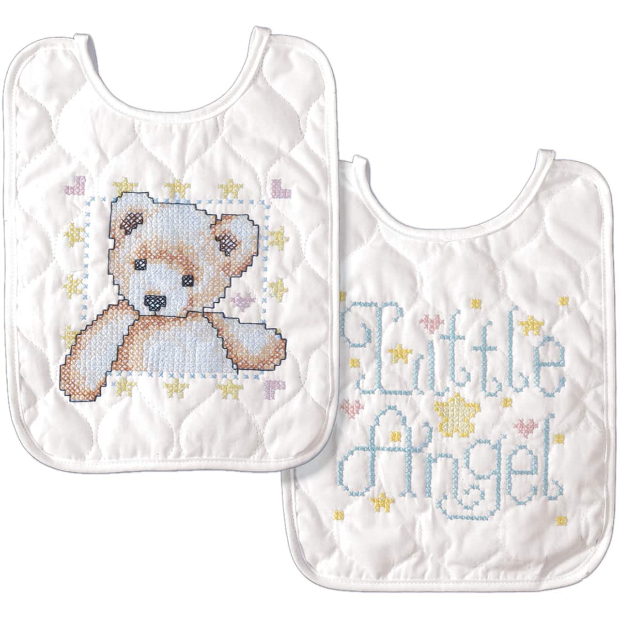 Tobin Bear & Angel Stamped Cross Stitch Bib Pair Kit